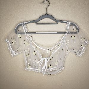 Sheer mesh lingerie crop top w floral embroidery all over